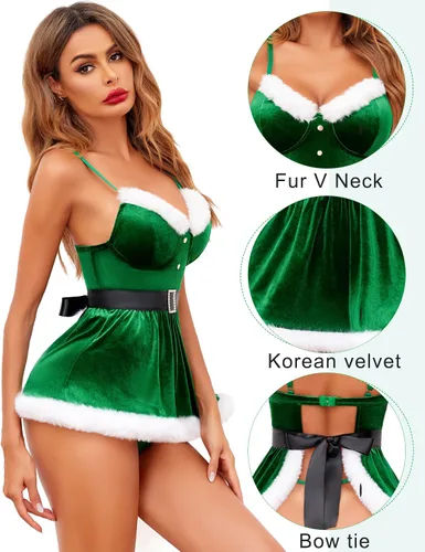 Vista 2 de Avidlove Conjuntos de lencería de Navidad para mujer, con estampado de Papá Noel, de terciopelo rojo