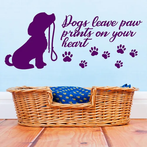Vista 3 de Vinilo adhesivo de pared para amantes de los perros, con frase en inglés "Paw Prints" (ig6203), color negro