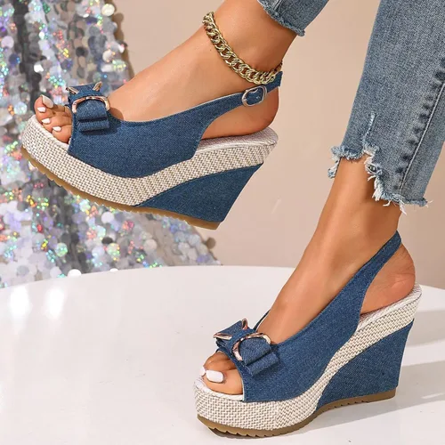 Vista 3 de Sandalias de cuña de mezclilla para mujer 2026 con puntera abierta, alpargatas con lazo, zapatos casuales de playa de verano para viajes, fiestas
