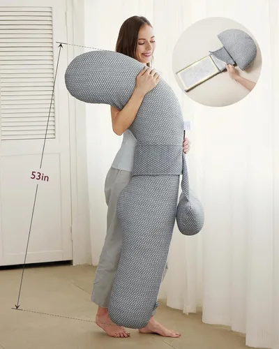 Vista 8 de Momcozy Almohadas de embarazo, original en forma de F, con cubierta de capa de aire, color gris