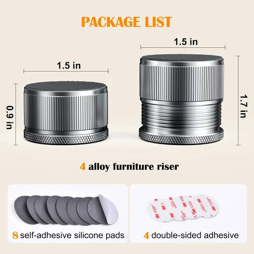 Vista 2 de Elevadores de muebles ajustables de 1 pulgada, paquete de 4 elevadores de cama de metal, altura de elevación de 0.9 a 1.7 pulgadas, almohadilla