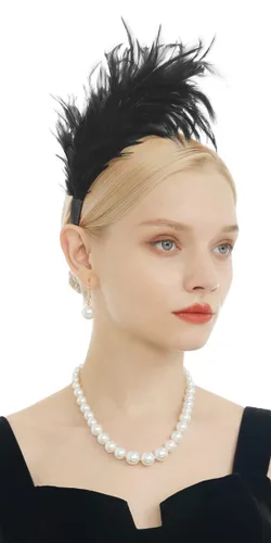 Vista 5 de FELIZHOUSE - Tocado de plumas de los años 20, diadema para mujeres y niñas estilo Kentucky Derby, para bodas, fiestas de té y disfraces, Tocado