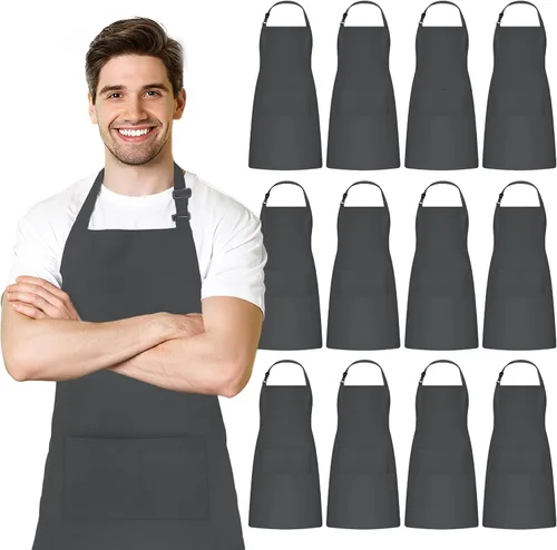 Vista 16 de Adjustable Bib Apron 100% Polyester Kitchen Aprons Waterdrop Resistant Aprons with Adjustable Strap, Pockets & Long Ties