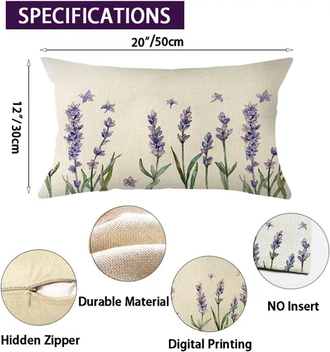 Vista 7 de Funda de almohada lumbar de acuarela lavanda, 12 x 20 pulgadas, diseño floral de verano, decoración para sofá