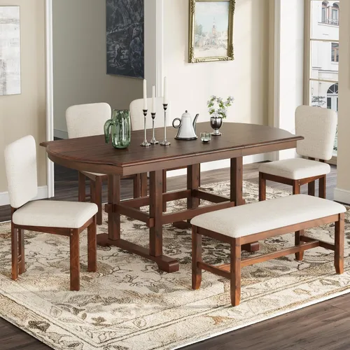 Vista 40 de Juego de mesa de comedor rústica de 6 piezas con mesa rectangular de caballete y 4 sillas tapizadas y banco, juego de mesa de comedor de cocina