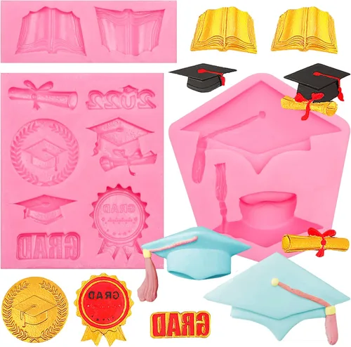 Vista 15 de Moldes de silicona para chocolate con tapa de graduación, moldes para hornear fondant de graduación 2023 para decoración de pasteles, decoración