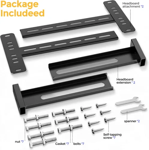 Vista 8 de Paquete de 2 soportes de cabecera de acero sólido para marco de cama de metal, soportes de cama ajustables para cabecero con kit de extensión