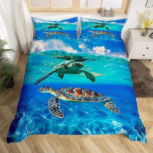 Vista 9 de Erosebridal Hawaii - Juego de funda de edredón de playa individual, color azul océano, funda de edredón de tablones de madera rústica, funda
