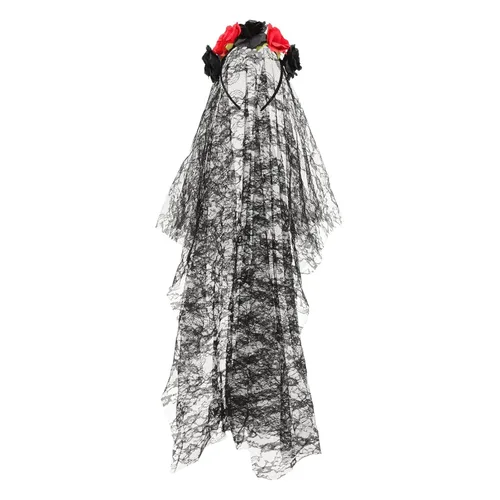 Vista 8 de Diadema de rosas de Halloween flor diadema floral día del velo negro mexicano Halloween Rose Halloween novia velo diadema gótica ropa Festival