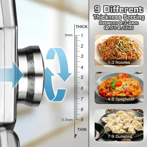 Vista 2 de Sailnovo Máquina para hacer pasta, máquina para hacer pasta de rodillo 180, 9 ajustes de grosor ajustables, máquina de fideos 2 en 1 con rodillos