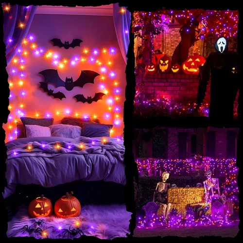 Vista 9 de Luces de cuerda de Halloween de 100 LED, 33 pies, luces titilantes naranjas y moradas con 8 modos, impermeables para decoración de fiesta
