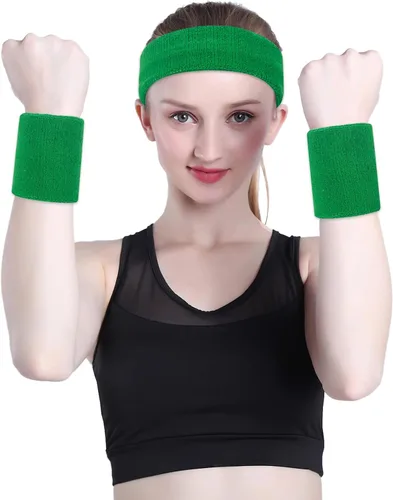 Vista 123 de ONUPGO - Conjunto de diadema y muñequeras deportivas para el sudor, hechas de algodón con bucles, muñequeras, contra humedad