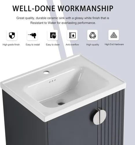 Vista 4 de Mueble de baño de 24 pulgadas con fregadero, tocador flotante de 24 pulgadas con fregadero de cerámica blanca brillante, gabinete de baño de madera