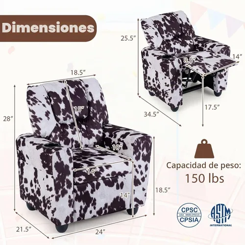 Vista 3 de GLACER Sillón reclinable para niños con portavasos de terciopelo vaca