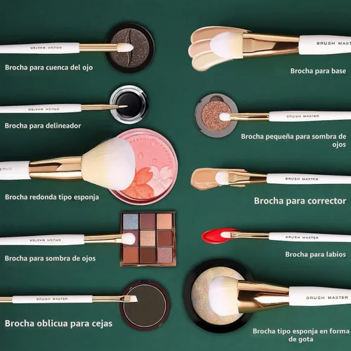 Vista 2 de Juego de 10 brochas de maquillaje profesional Kabuki, base de sombra de ojos, rubor, mezcla de labios, kit cosmético de cara completa con juego