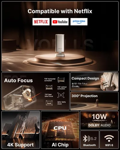 Vista 2 de [Usado] [Aplicación con licencia oficial y audio DoIby] Mini proyector inteligente con WiFi y Bluetooth, proyector portátil VOPLLS para exteriores