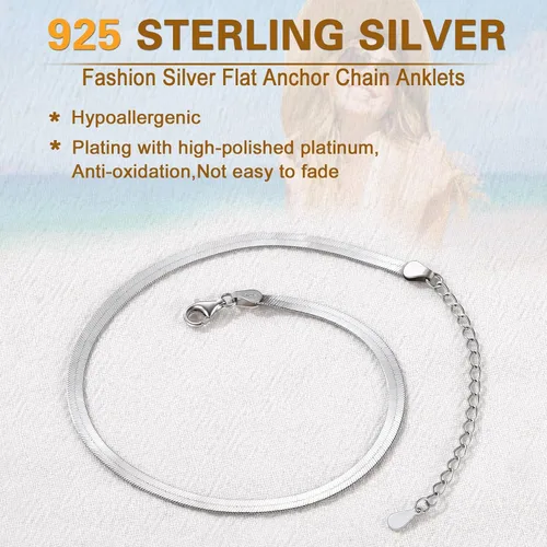 Vista 3 de SILVERCUTE Silver Ankle Bracelets for Women, Sterling Silver Initial Anklet Layer Wear Handmade A-Z Letter Anklet, FlowerFigaroCuban LinkHerringbone