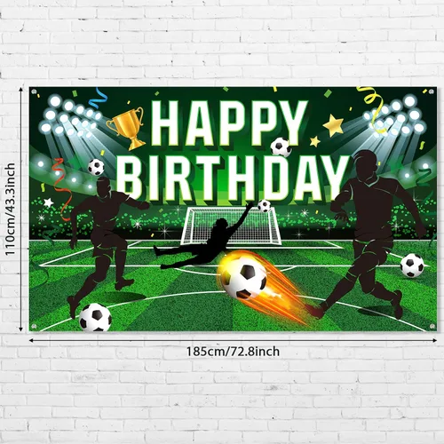 Vista 2 de Tatuo Telón de fondo de fiesta de cumpleaños de fútbol, fondo de campo de fútbol de poliéster con letras de feliz cumpleaños, incluye cuerda blanca