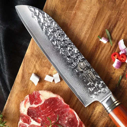 Vista 7 de YARENH Santoku - Cuchillo de chef de cocina afilado de 73 capas, acero de damasco, resistente a la corrosión, mango de sándalo