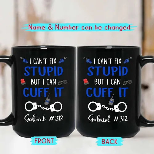 Vista 2 de Taza de café personalizada de oficial de policía, regalos para hombres, mujeres, empleados jefes, con texto en inglés "I Fix Stupid But I can