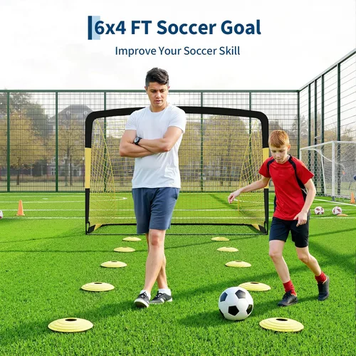 Vista 4 de Paquete de 2 porterías de fútbol de 6 x 4 pies, juego de porterías de fútbol para niños, red de fútbol portátil desplegable con pelota de fútbol