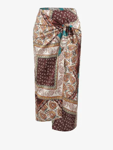 Vista 4 de ZAFUL Falda midi bohemia de cintura alta para mujer, falda sexy con abertura pareo, bandana con estampado de cachemira