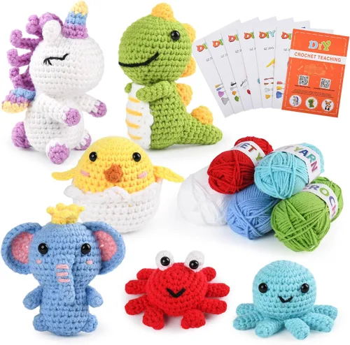 Vista 8 de MINGOMINGO Kit de ganchillo para principiantes y niños, 6 animales amigurumi, juego de regalo de manualidades para el día de la madre, tutoriales