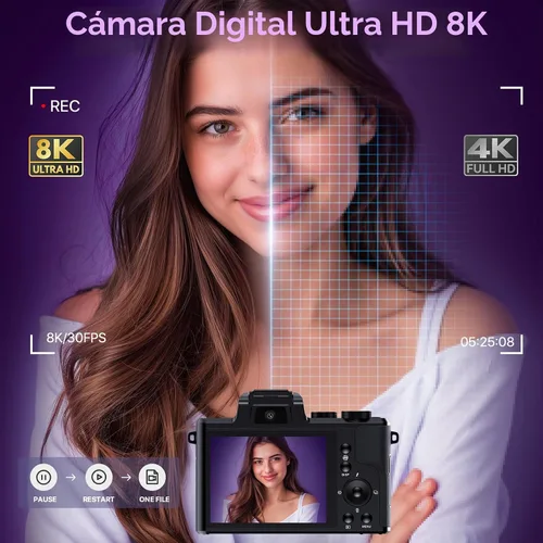 Vista 3 de Cámaras digitales 8K para fotografía con WiFi, cámara de vlogging de 88MP con enfoque automático para YouTube con lente dual, cámara de apuntar