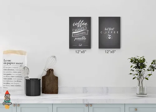 Vista 2 de HB Art Design Coffee Makes Everything Possible and But First Coffee - Juego de 2 paneles de impresión en lienzo, arte de pared, decoración