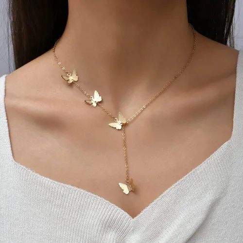 Vista 2 de Collar Lariat de oro para mujer, collar delicado de plata con cadena de serpiente, collar largo con perlas de circonita cúbica, collar de mariposa