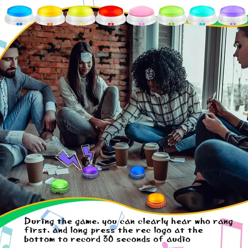 Vista 5 de 8 zumbadores grabables para juegos de trivia, zumbador de Family Feud para adultos, zumbadores de juegos con luces y sonido, zumbador de respuesta