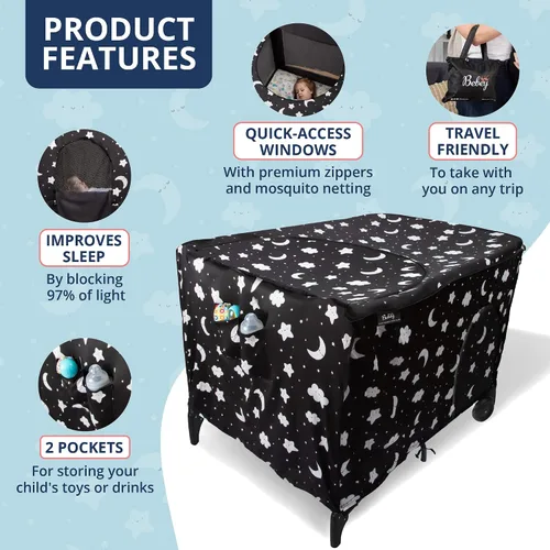 Vista 2 de Bebey Pack n Play - Funda opaca que bloquea el 97% de la luz, tela transpirable y elástica con 1 bolsillo lateral, 3 ventanas de acceso rápido