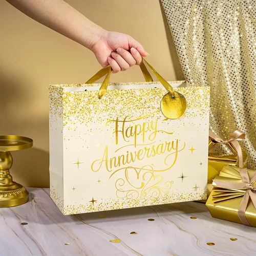 Vista 6 de LeZakaa Bolsa de aniversario de boda de 13 pulgadas con papel de seda, etiqueta y tarjeta de felicitación, bolsa de regalo con purpurina dorada