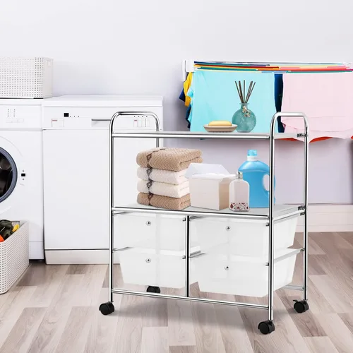 Vista 7 de COSTWAY Carrito de almacenamiento de 4 cajones, organizador de almacenamiento móvil con marco de acero y ruedas de 360°, carrito utilitario de 4