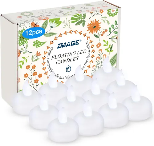 Vista 6 de Velas flotantes IMAGE sin llama luces LED flotantes de té, paquete de 12 velas impermeables para boda, fiesta, spa, hogar, interior, exterior Blanco