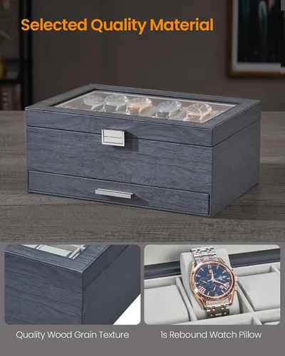 Vista 6 de Hzuaneri Caja de reloj, regalos de Navidad, caja de reloj de 12 ranuras con tapa de vidrio, caja de joyería extraíble, organizador de caja