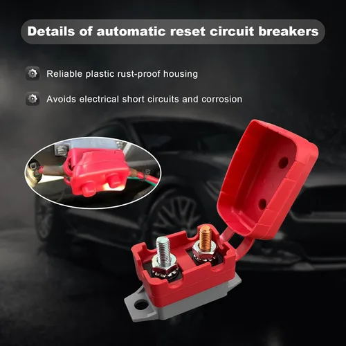 Vista 3 de Disyuntor de reinicio automático de 2 piezas de CC de 12 V-24 V, interruptor de reinicio automotriz con perno de tapa, interruptor de parada corta