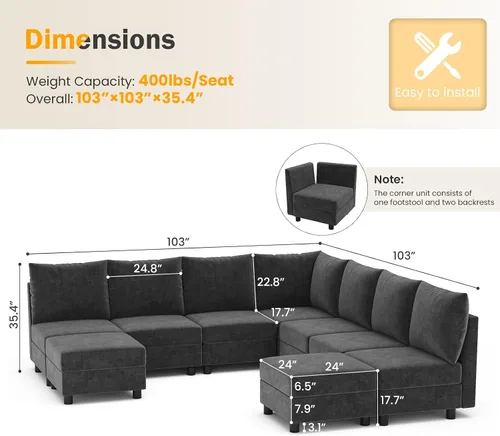 Vista 2 de Apicizon Sofá modular modular en forma de U de 9 asientos con almacenamiento, moderno juego de sofá de chenilla, cómodos sofás con diván para sala