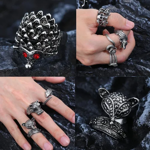 Vista 3 de ORAZIO Juego de 16 anillos abiertos góticos para hombres y mujeres, estilo punk, ajustable, serpiente y garra de dragón, anillos de animales