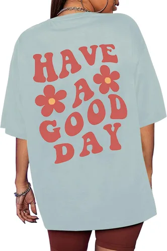 Vista 3 de SAFRISIOR Camiseta de gran tamaño con estampado de letras para mujer, cuello redondo, manga corta, eslogan floral, hombros caídos, blusa suelta