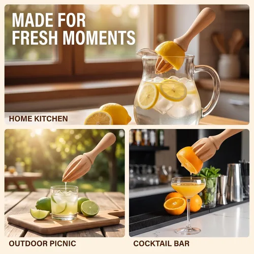Vista 5 de Exprimidor de cítricos de madera – Escariador manual de mano de limón/naranja Herramienta exprimidora de frutas portátil para el hogar, cafetería