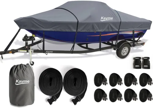 Vista 18 de Kayme Cubierta de lancha resistente 1200D para barcos de 14 a 16 pies, impermeable, resistente al desgarro con correas reforzadas al viento, ideal
