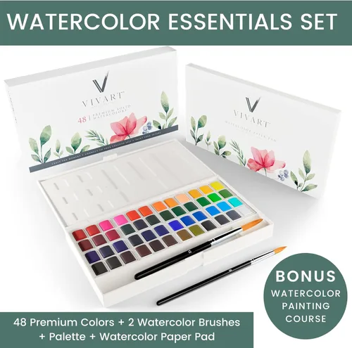 Vista 2 de Vivart Juego de acuarelas prémium de 48 colores para adultos y principiantes – 48 medias sartenes vívidas, 2 pinceles de calidad artística