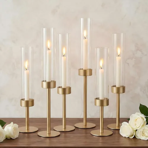 Vista 10 de Ronasip Juego de 3 portavelas de huracán, de metal dorado mate, con tubos cilíndricos de chimenea de vidrio transparente, soportes altos para velas