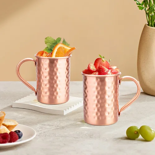 Vista 8 de Juego de 2 tazas de cobre 100% puro, tazas Moscow Mule con asa, taza de cobre para beber en frío, taza con acabado martillado a mano, regalos
