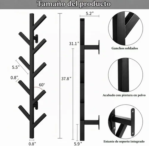 Vista 2 de Vlush Perchero de metal montado en la pared con 9 ganchos, moderno minimalista y vertical para colgar ropa, sombreros, bolsas colgantes y bufandas