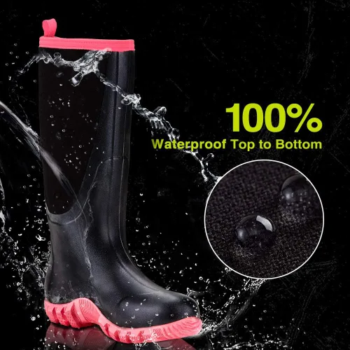 Vista 4 de TIDEWE Botas de goma para mujer con vástago de acero, botas de lluvia Negro Rosa