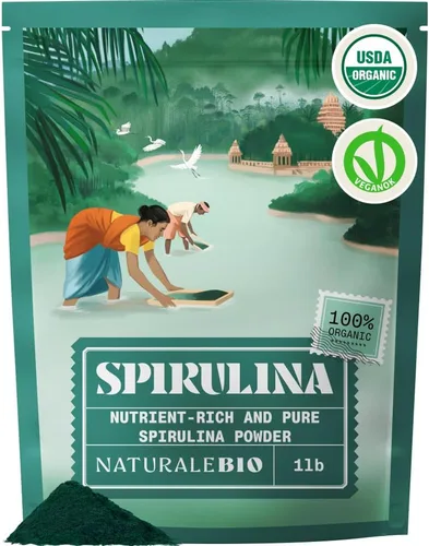 Vista 8 de NaturaleBio Polvo de espirulina orgánico 8 oz. Algas espirulina natural y cruda. Vegano y puro. Cultivado en la India en Tamil Nadu. Ideal