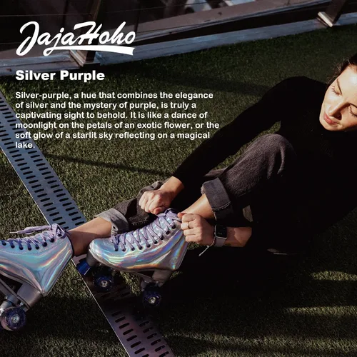 Vista 2 de JajaHoho Patines de ruedas para mujeres, piel sintética holográfica de alta calidad, patines brillantes de doble fila de cuatro ruedas para niñas
