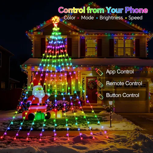 Vista 2 de Luces de Cascada de Navidad RGB Inteligentes de 16.4 Pies con Estrella, APP y Control Remoto, Espectáculo de Luz Personalizado DIY y Sincronización